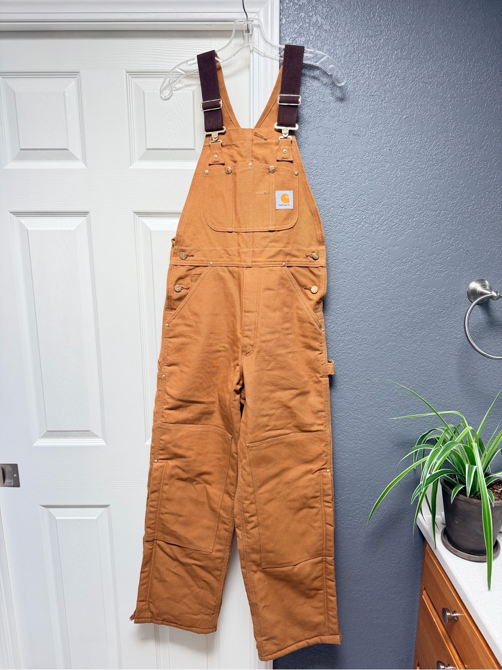 Carhartt Tan Duck Canvas Overalls with Dark Brown Straps